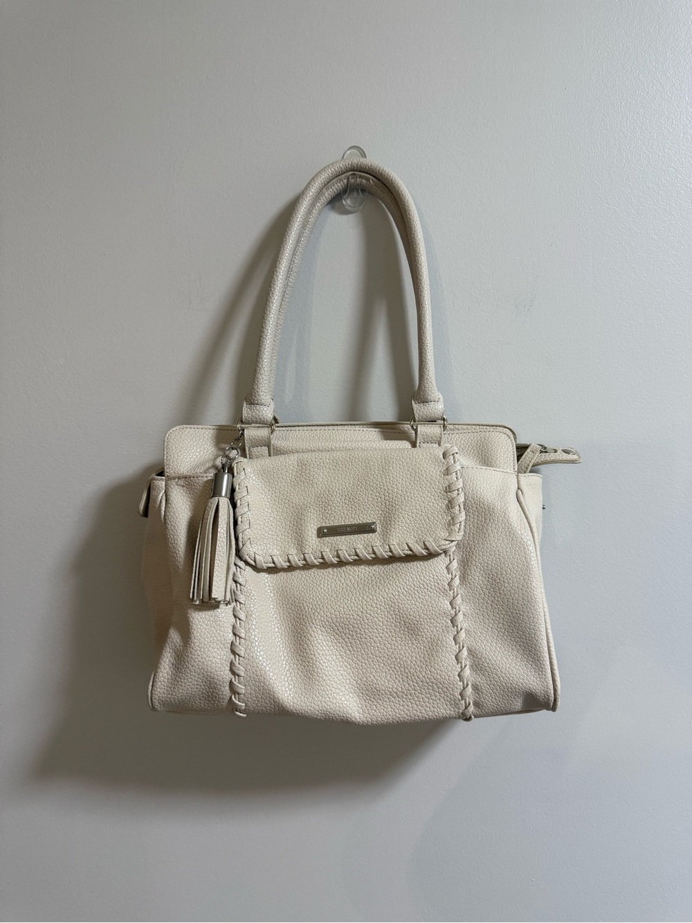 Nine West Off-White Pebbled Faux Leather Shoulder Bag with Tassel